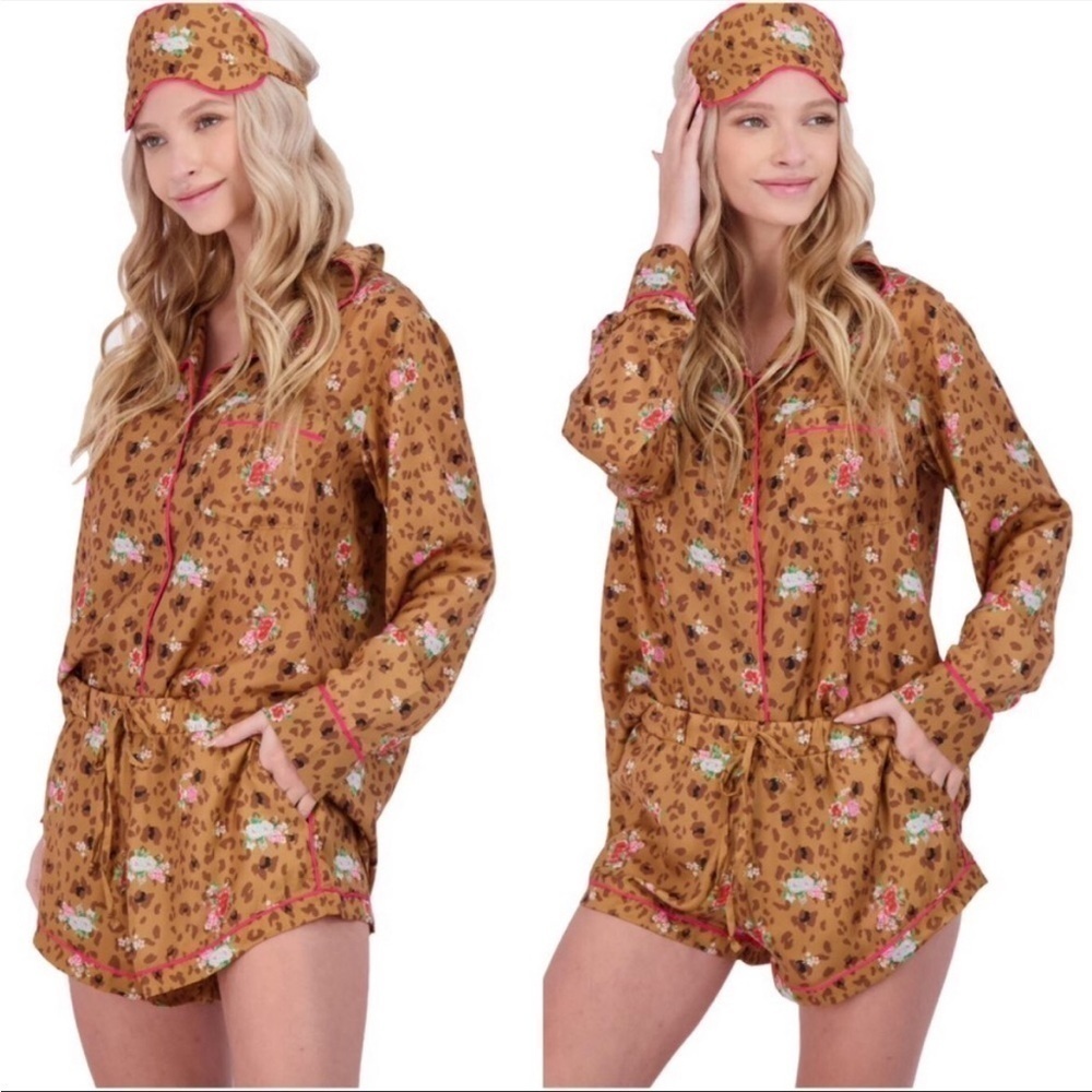 Plush Apparel 3 piece Satin Pajama & Eye Mask Set Florals and‎ Animal Print NWT